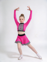 Tenue de danse pour filles, rose vif, motif pied-de-poule, ensemble 2 pièces, haut court à manches longues et jupe, pour la danse jazz, le claquettes et les compétitions sur scène