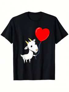T-Shirt Unisex per San Valentino con Cuore di Capra e Palloncino, Vestibilità Casual, Collo Tondo, Manica Corta, 100% Cotone Jersey, Design Stampato con Cartone Animato - Product Image 1
