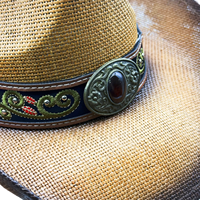 Chapeau de cowboy vintage Burning Man en paille, brodé, avec ceinture et pompon, personnalisable, pour hommes et femmes, vente en gros, 3 MOQ