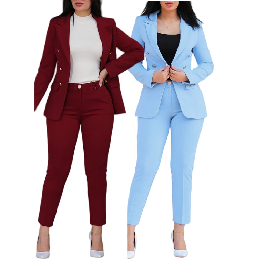 Setelan pakaian kantor wanita, C0527 pakaian kantor wanita lengan panjang Solid dan Set Blazer elegan kasual setelan untuk wanita