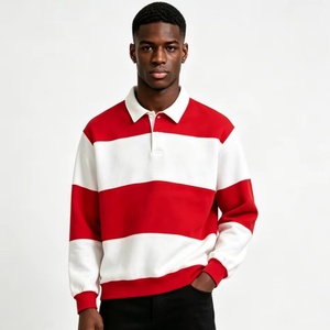 Custom 3D Embroidered Crest Long Sleeve Rugby <strong>Polo</strong> Heavyweight Cotton Boxy Oversized French Terry Striped <strong>Men</strong> Rugby <strong>Polo</strong> <strong>Shirt</strong> - Product Image 1