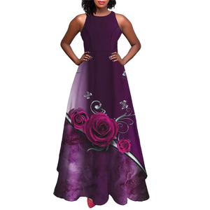 Robe d'été pour femme à col rond, imprimé floral rose violet, coupe crayon, style créateur, faible MOQ - Product Image 1