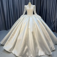 Robe de mariée élégante Lscm117 en satin minimaliste avec corset perlé, dentelle transparente ivoire et manches longues, traîne Jancember