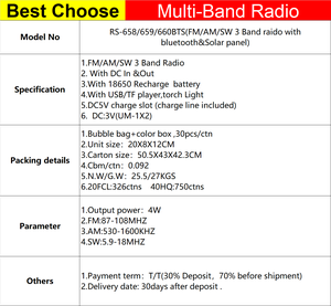 SG-658 multi bande radio avec bluetooth, lampe torche, lampe de poche, panneau solaire, usb, mp3 lecteur rs-658bts - Product Image 6