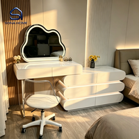 Ensemble coiffeuse moderne blanc brillant avec miroir LED Cloud à commande vocale, éclairage et commode multi-tiroirs au design panneau pour chambre à coucher