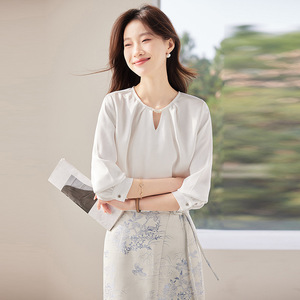 White Women's <b>Satin</b> Shirt Solid Color Long Sleeve Work <b>Blouse</b> Elegant Design - Product Image 3