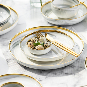 Assiette à dîner en marbre gris à bordure dorée pour restaurant hôtel maison plats ronds en céramique - Product Image 3