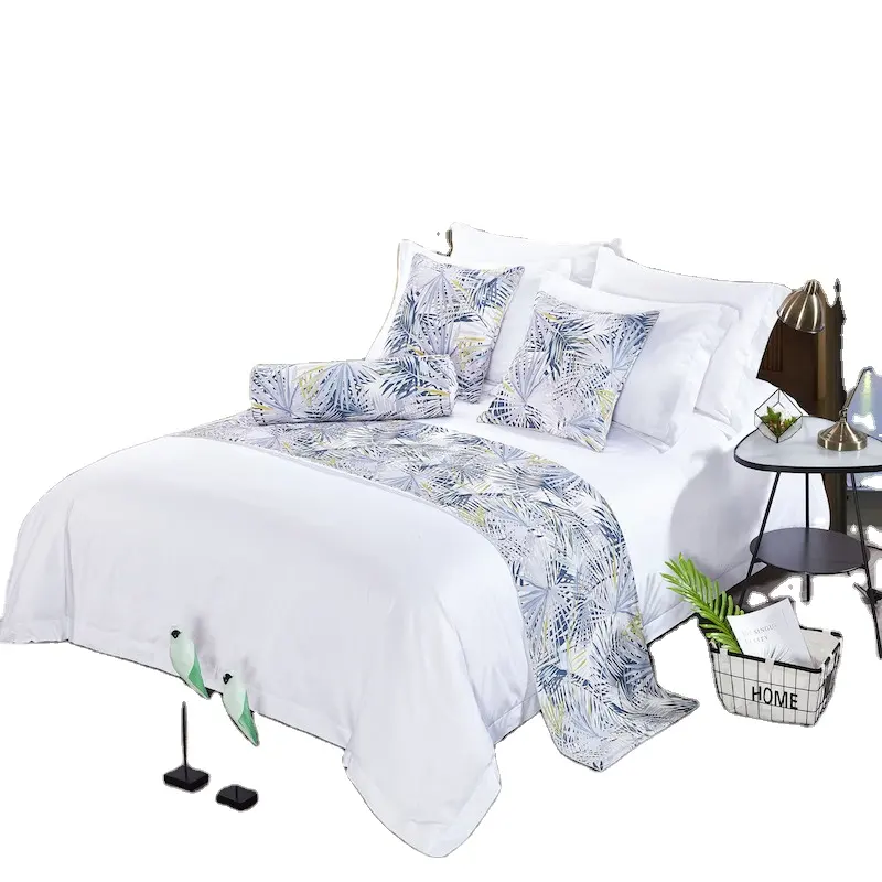 Portable 4 Pcs Bleach White Color Custom 100% Combed Cotton Hotel Quilt Bedding Set