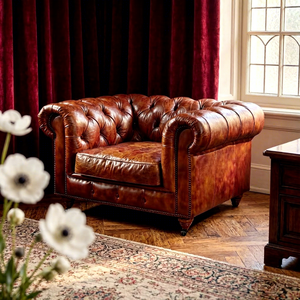 Poltrona Chesterfield in Vera <span class=keywords><strong>Pelle</strong></span> di Alta Qualità, Stile Rustico, con Braccioli Arrotolati <span class=keywords><strong>e</strong></span> Borchie - Product Image 3