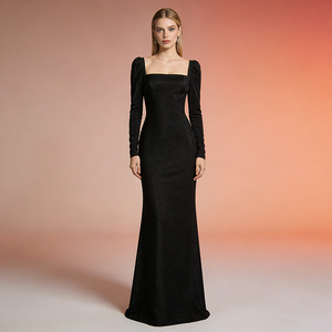 Abito Lungo da Donna Personalizzato OEM, Schiena Scoperta, Scollo Quadrato, Aderente, <span class=keywords><strong>Maniche</strong></span> <span class=keywords><strong>Lunghe</strong></span>, in <span class=keywords><strong>Velluto</strong></span>, Stile Sirena, per Banchetti e Feste - Product Image 1