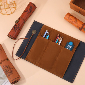Trousse à crayons enroulable en cuir PU motif carte au trésor vintage, grande capacité, imprimé boussole, pour étudiants, rangement de fournitures scolaires - Product Image 3