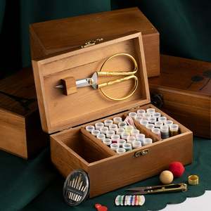 Cesta de costura de madera, caja de costura con compartimento OEM, madera maciza, marrón, Color teñido, organizador de herramientas de reparación de costura para el hogar - Product Image 5