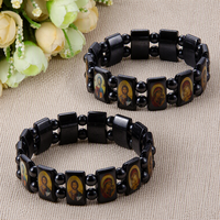Bracelet Chapelet Religieux Dévotionnel avec Pendentif Goutte d'Hématite Noire Carrée, Icône Orthodoxe et Portrait de Saint Catholique – Idéal comme Cadeau