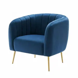 Furnitur Modern Kursi Sofa Tunggal Kain Kursi Kaki Emas Elegan Beludru Biru