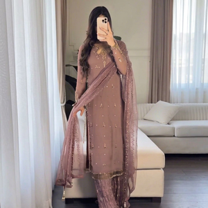 Brown Embroidered Salwar Kameez Set <b>Tissue</b> Net Dupatta Women Pakistani Outfit <b>Wedding</b> Party Wear - Product Image 1