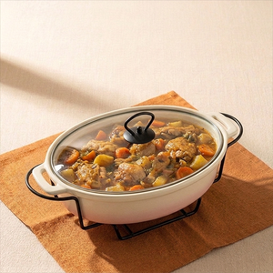 Plat de service ovale en céramique à bords festonnés de 11, 13 et 15 pouces, chauffe-plat avec support métallique - Product Image 6