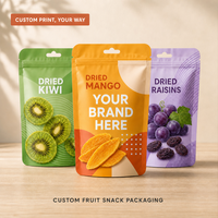 Op maat bedrukte staande zakken voor gedroogd fruit met hersluitbare ritssluiting en ophanggat voor mango, kiwi, rozijnen, snackverpakkingen voor Britse merken