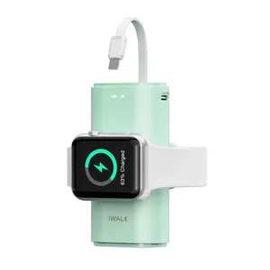 IWALK LinkPod W Charger portabel 9000mAh, Bank daya pengisi daya ringkas portabel dengan kabel bawaan baterai untuk jam tangan Apple dan ponsel