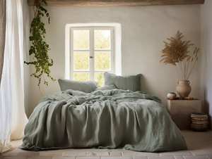 Vente en gros Logo personnalisé housse de couette en lin gris sauge | Tissu adouci avec boutons de noix de coco et attaches de ruban | Commande en gros - Product Image 2