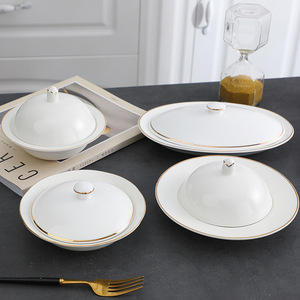 Olla de sopa de cerámica blanca pura Singer con tapa, cuenco de dos orejas personalizado para el hogar, juego de lavabo Palace para fiestas - Product Image 1