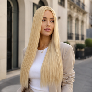 Suministro de Fábrica: Cabello <span class=keywords><strong>Rubio</strong></span> <span class=keywords><strong>Ceniza</strong></span> para Mujer # Peluca Sintética Larga y Lisa 613, Ajustable, con Línea de Cabello Natural, Parte Media, Resistente al Calor, para Uso Diario - Product Image 6