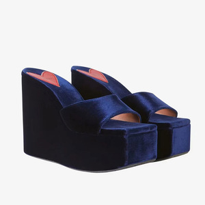 Nuovi Arrivi Estivi: Ciabatte con <span class=keywords><strong>Zeppa</strong></span> e Plateau per Donna, Tacchi Alti, Punta Quadrata, <span class=keywords><strong>in</strong></span> Velluto <span class=keywords><strong>Blu</strong></span> Vino - Product Image 4