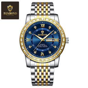 Binbond Men's Quartz Watch Blue Dial Diamond Bezel Stainless Steel Band Date Week Display Waterproof 30M Analog Wristwatch - Product Image 5