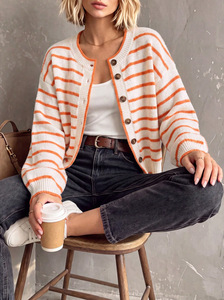 Women's Striped <b>Cardigan</b> Sweaters Casual Button Down Crewneck Long Sleeve Knit Outerwear <b>Coat</b> - Product Image 4