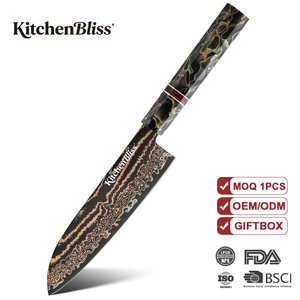 Couteaux <span class=keywords><strong>de</strong></span> <span class=keywords><strong>chef</strong></span> KitchenBliss Vg-10, <span class=keywords><strong>couteau</strong></span> <span class=keywords><strong>Santoku</strong></span> japonais <span class=keywords><strong>de</strong></span> 7 pouces, <span class=keywords><strong>couteau</strong></span> en damas <span class=keywords><strong>de</strong></span> cuivre à 33 couches avec manche forgé tricolore - Product Image 1