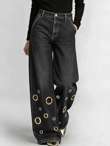 Nouveaux pantalons amples taille haute pour femmes européennes et américaines, jeans à design ajouré pour femmes, vente en gros - Product Image 2