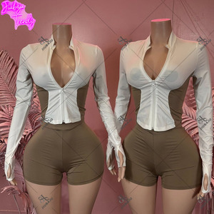 Fashion Street Color <strong>Stitching</strong> Two Piece Sets Women Zip Long Sleeve Slim <strong>Top</strong> and Kink Shorts Outfits - Product Image 2