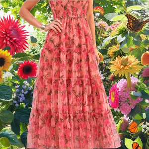 Elegante Vestido Maxi de Gasa con Estampado Floral y Mariposas para Verano, Cuello Cuadrado, Silueta en A, Transpirable, con Busto Fruncido para Mujer - Product Image 2