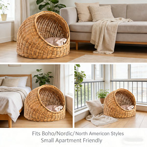 Cama para Gatos <span class=keywords><strong>de</strong></span> Mimbre Tejida a Mano, Casa para Mascotas <span class=keywords><strong>de</strong></span> Mimbre para Interiores, Cesta Acogedora para Gatos con Cojín Suave, Muebles <span class=keywords><strong>de</strong></span> Lujo para Mascotas - Product Image 3