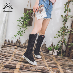 2023 nuevas botas de lona para mujer, botas largas, zapatos con cremallera, zapatos planos blancos, plataforma alta con cordones, zapatillas vulcanizadas cómodas con cremallera - Product Image 4