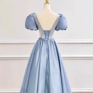 Blue V-neck Satin Ball Gown Empire Waist Haze Blue Vintage Evening Dress For Adult Birthday Parties Hostess - Product Image 3