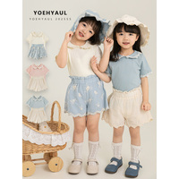 Ensemble T-shirt et short pour fille YOEHYAUL X5839 avec broderie florale, col Peter Pan, haut à manches courtes, short en dentelle, vêtements d'été pour enfants