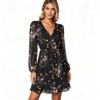 Robe Courte Décontractée et Élégante pour Femme, Personnalisable, Col en V, Manches Longues Bouffantes, Taille Élastique, en Mousseline Imprimée, Idéale pour les Fêtes