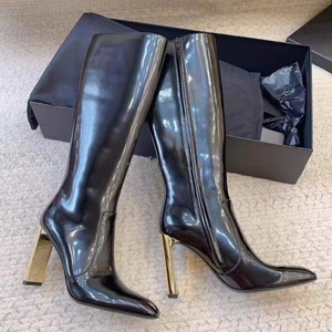 Gold Metal Chunky Heels Long Boots New Trendy Solid Square Toe Women's <b>Knee</b> <b>High</b> Boots Custom Matte Patent Shoes - Product Image 2