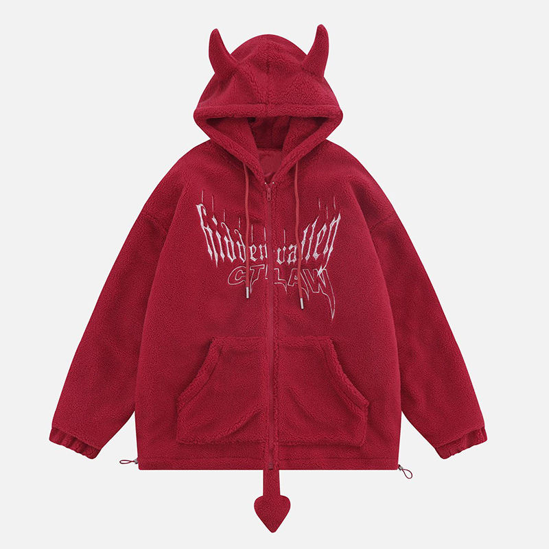Custom Embroidered Devil Horns Oversized Sherpa Hoodies for Men