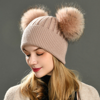 Bonnet d'hiver Jxwatcher pliable et moelleux avec deux grands pompons en vraie fourrure, bonnet extensible pour femme, bonnet chaud en cachemire tricoté, bonnet ample en laine