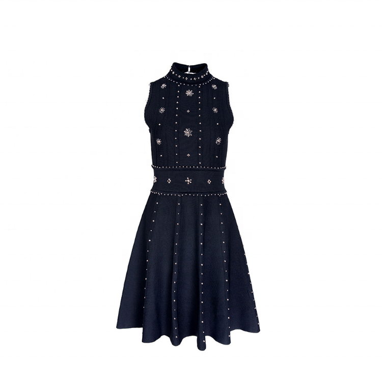 Классическая элегантная леди платье без рукавов, расшитое бисером, Бандажное платье с О-образным вырезом сплошной цвет, сексуальное мини-платье черного цвета для женщин; Вечернее платье