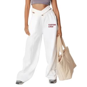 <span class=keywords><strong>Pantalon</strong></span> de survêtement sport blanc en coton taille haute pour femme, respirant, pour le fitness, le jogging et le streetwear, coupe droite sans cordon de serrage, jambe large - Product Image 2