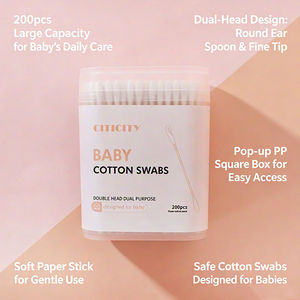 Vente en gros de 200 cotons-tiges jetables en papier à petite pointe pour le nettoyage des oreilles, pour bébés, avec boîte carrée - Product Image 1