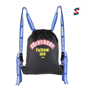 Black White <b>Drawstring</b> Backpack with Zipper Pocket and Reinforced Sports Polyester <b>Drawstring</b> <b>Bags</b> - Product Image 1