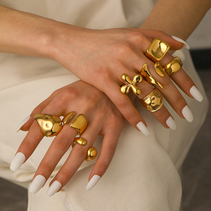 Geometric Gold Plated Stainless Steel <b>Ring</b> Open Band Irregular Folds Unisex Jewelry Gift - Product Image 3