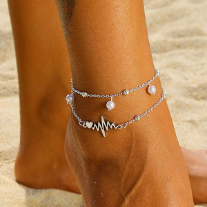 Tobillera de Plata con Perlas de Doble Capa Estilo Bohemio para Mujer, Diseño de Corazón ECG, Ideal para Vacaciones en la Playa - Product Image 2