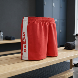 Pantalones Cortos Rojos de Sambo con Franja Lateral Blanca, Unisex, Transpirables, de Poliéster/Algodón, de Secado Rápido, Resistentes al Encogimiento, Ropa Deportiva - Product Image 2
