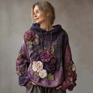 <span class=keywords><strong>Felpa</strong></span> con Cappuccio Personalizzata in Stile Boho per Donne, con Applicazioni Floreali 3D, Perline Ricamate, Lavaggio Acido, Cotone Effetto Vissuto, Vestibilità Ampia - Product Image 5