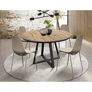 Dafne Round Extendable <b>Table</b> 120-170 Cm <b>Rustic</b> Oak Melamine Top Iron Base Indoor Use - Product Image 2