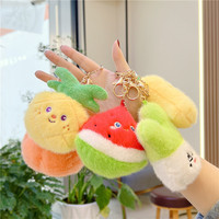 Porte-clés Pendentif de Sac en Peluche Courte en Coton PP Ultra Doux, Motif Dessin Animé 3D Mignon Fruits et Légumes (Pastèque, Mangue)